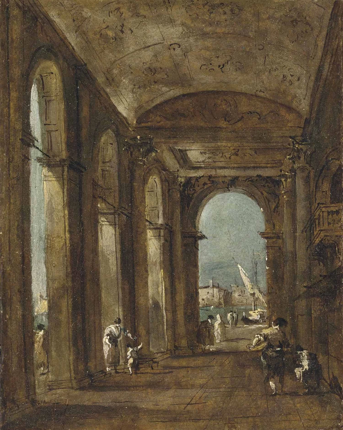 Interno di un colonnato, Venezia, con figure che conversano e barche sul canale